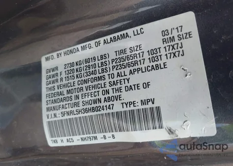 2017 Honda Odyssey Se from USA, damaged, VIN 5FNRL5H36HB024147